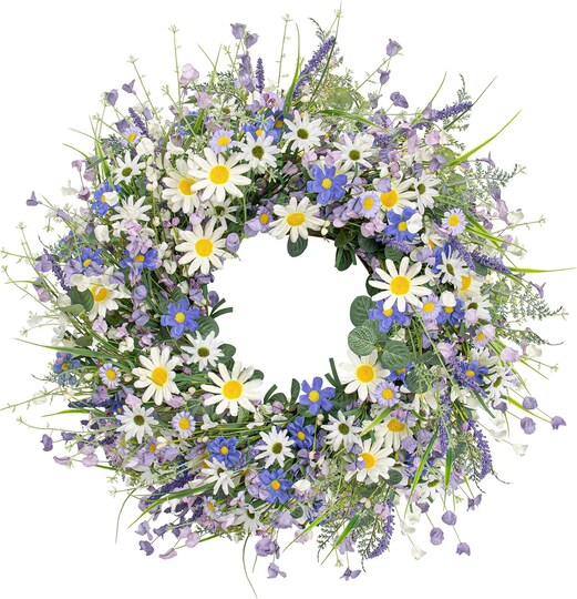 22-Inch Blue Lavender Summer Wreath for Front Door – Artificial Wildflower & Eucalyptus Floral Grapevine Wreath for Spring, Porch, Wall & Home Seasonal Decoration